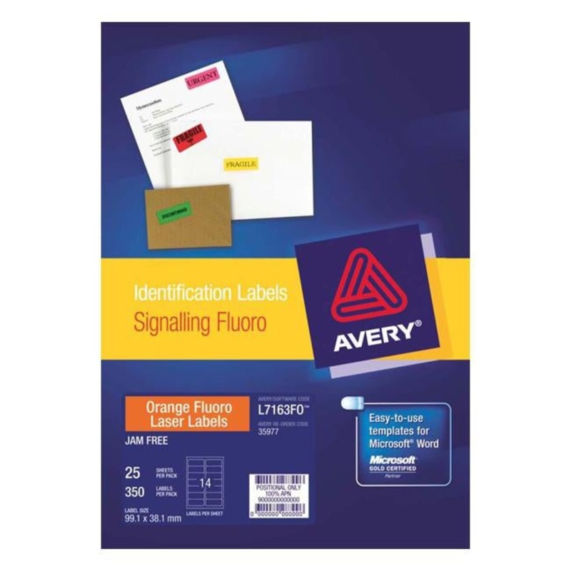 Avery Shipping Label L7163FO Flo Orange Laser 99.1x38.1mm 14up 25 Sheets