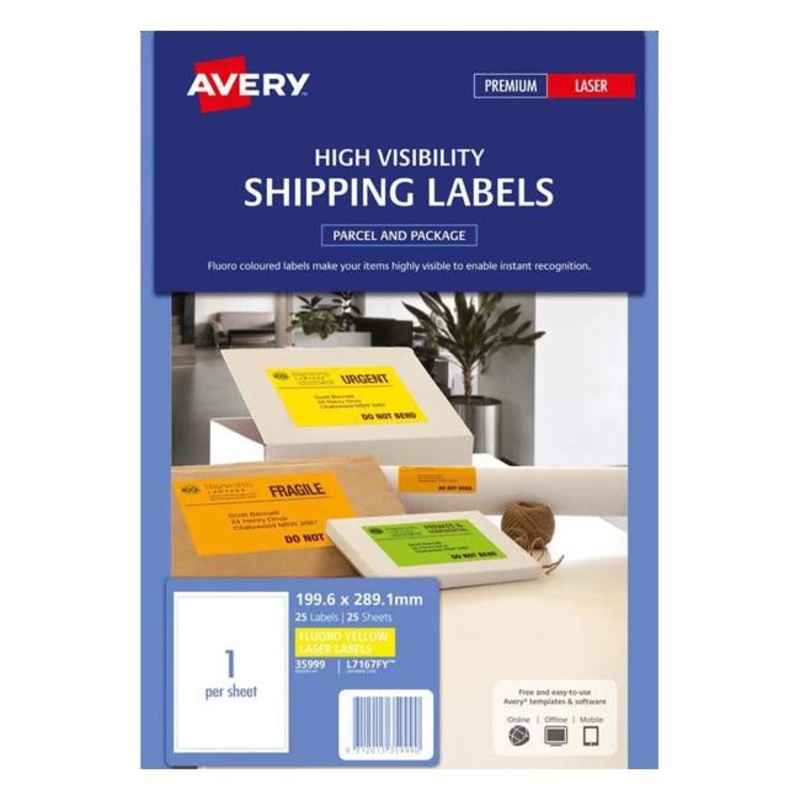 Avery Shipping Label L7167FY Flo Yellow Laser 199.6x289.1mm 1up 25 Sheets