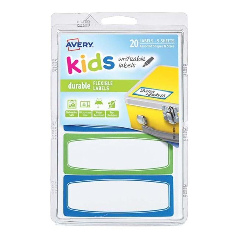 Avery Label Kids Durable Green Blue Border 89x32mm 4up 5 Sheets