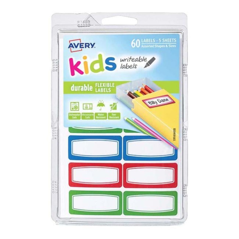Avery Label Kids Durable Green Blue Red Border 44x19mm 12up 5 Sheets
