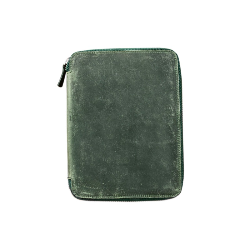 Galen Leather Zippered A5 Notebook Folio - Crazy Horse Forest Green