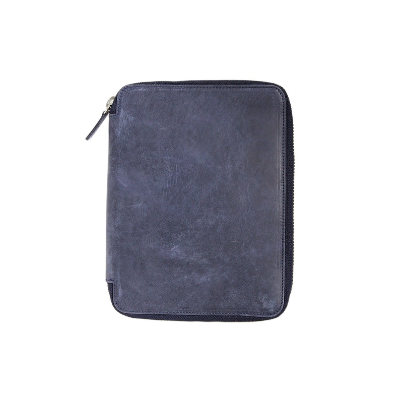 Galen Leather Zippered A5 Notebook Folio - Crazy Horse Navy Blue