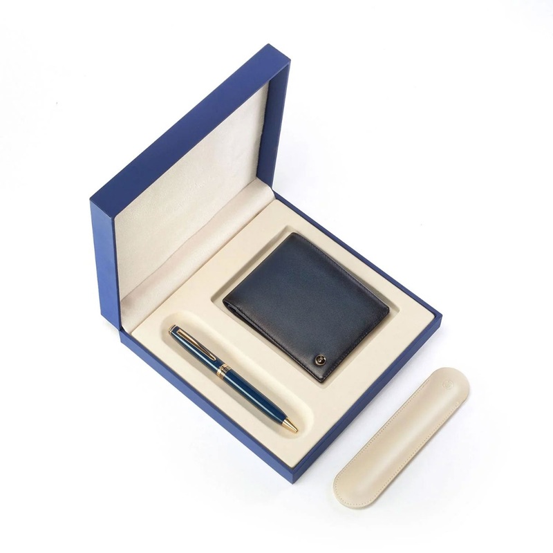 Lapis Bard Gift Set - Contemporary Blue Ball Pen with Ducorium Blue Wallet