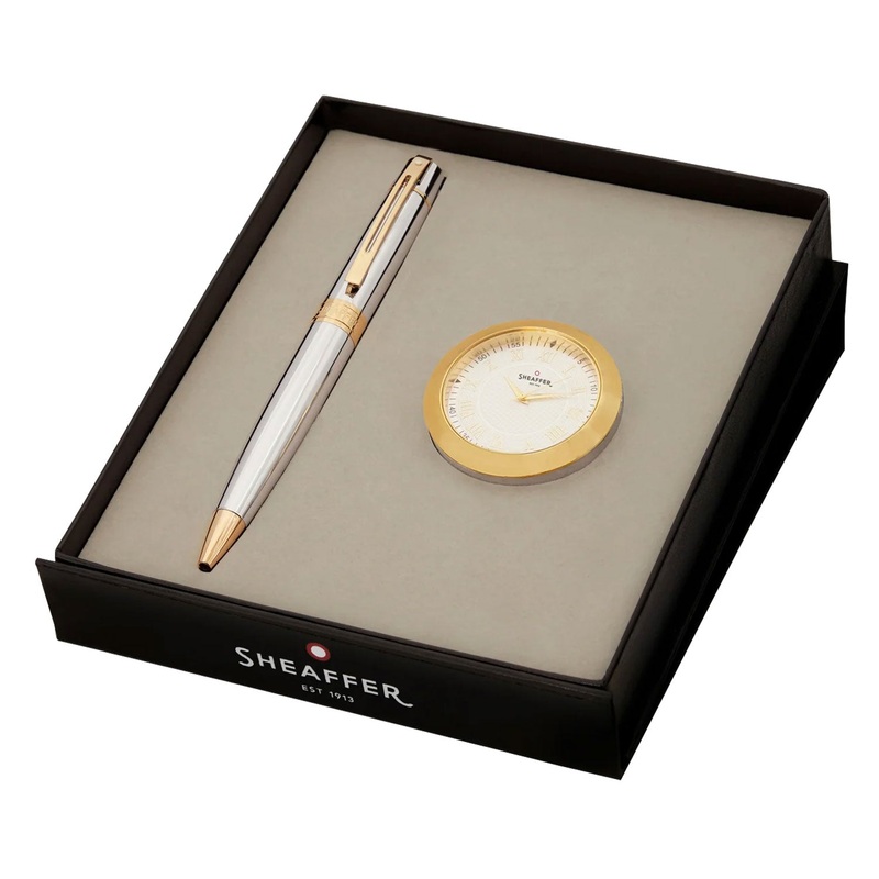Sheaffer Gift Set - 300 Series Bright Chrome GT Ball Pen with Table Clock
