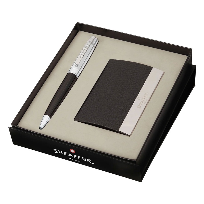 Sheaffer Gift Set - 300 Series Glossy Black & Chrome CT Ball Pen with Business Card Holder