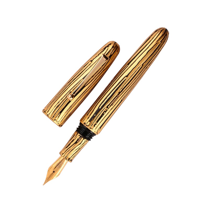 Wancher Hirota Urushi Kushime Tsuishitsu Nuri Fountain Pen - Kiniro I (with Clip)