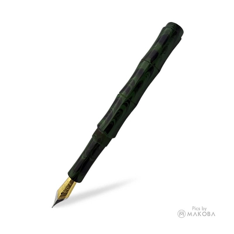 Ranga Thin Bamboo Regular Ebonite Fountain Pen, Parrot Green Ripple - Steel Nib