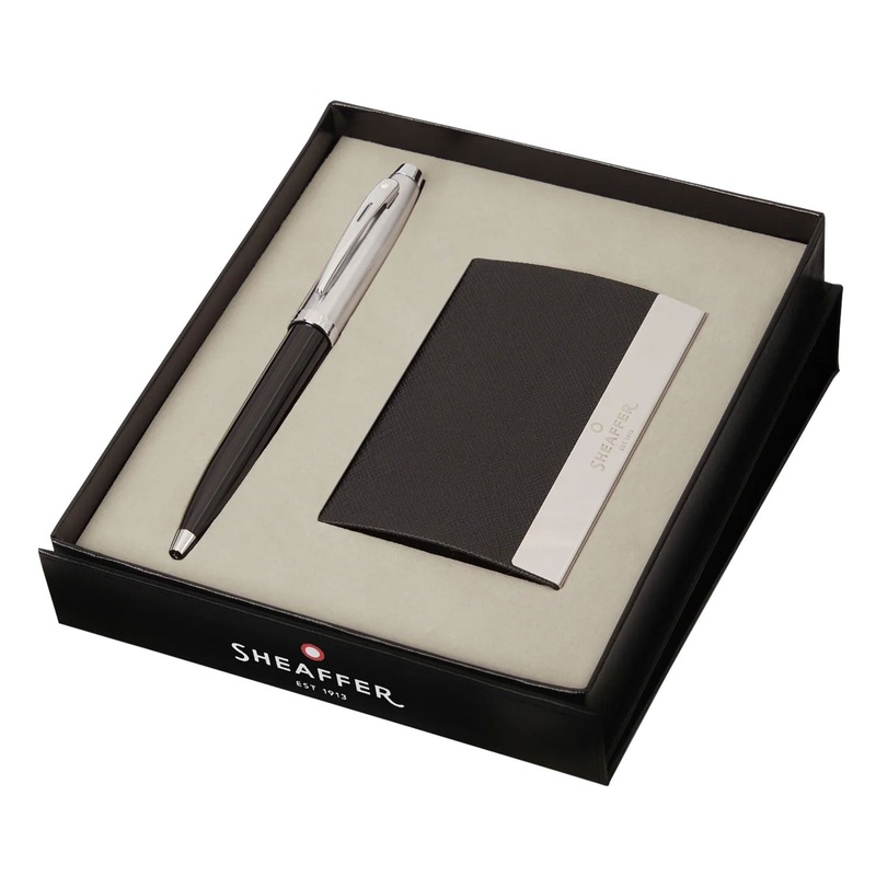 Sheaffer Gift Set - 100 Series Glossy Black & Chrome CT Ball Pen with Business Card Holder