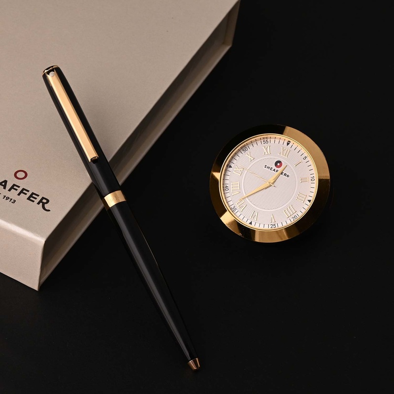 Sheaffer Gift Set - Sagaris Black Ball Pen with Gold Table Clock